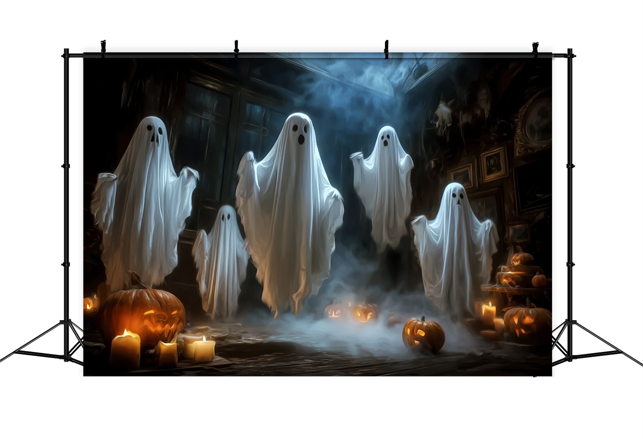 Fond Halloween Photo Fantômes Flottants Bougies Citrouilles Effrayant TWW59-65