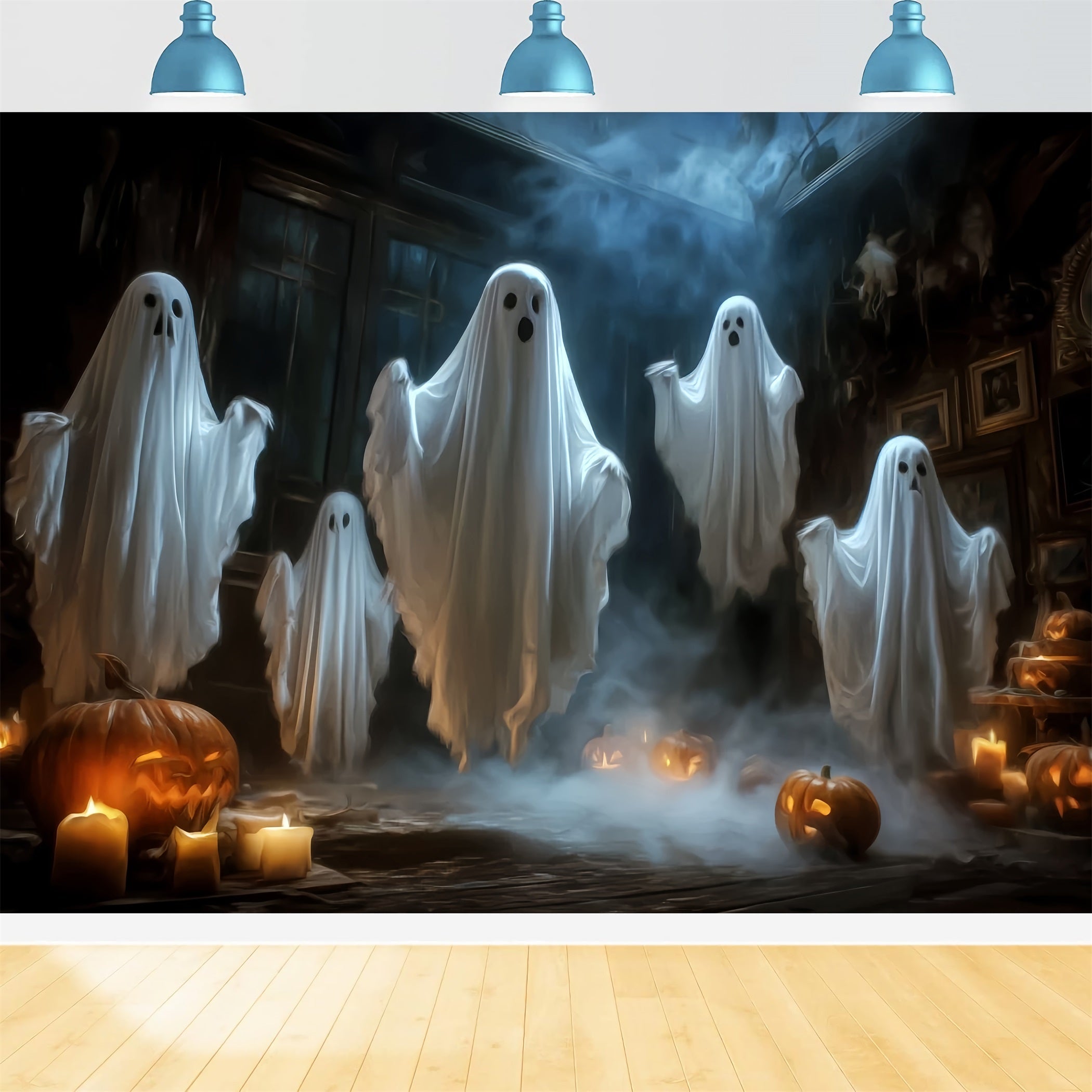 Fond Halloween Photo Fantômes Flottants Bougies Citrouilles Effrayant TWW59-65