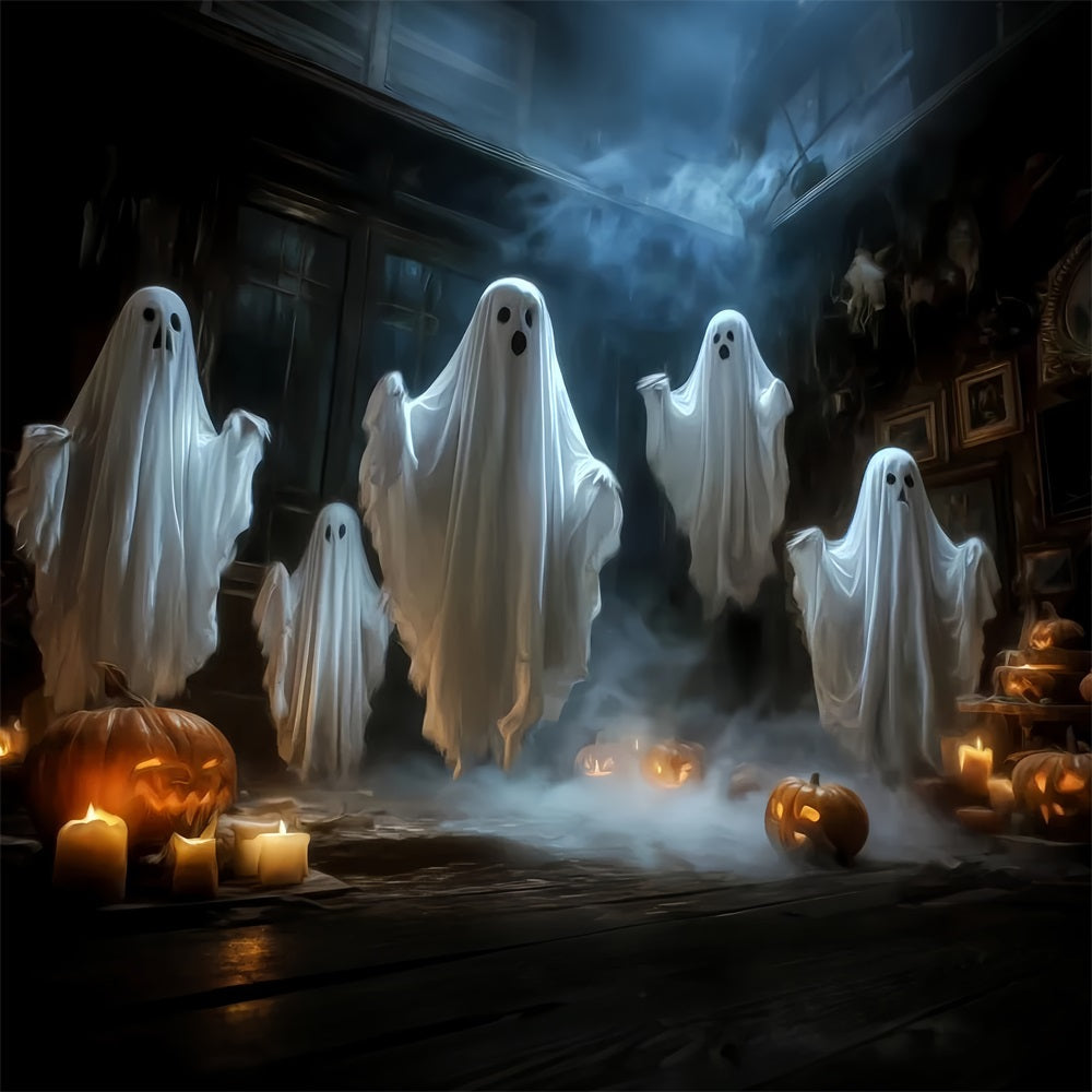 Fond Halloween Photo Fantômes Flottants Bougies Citrouilles Effrayant TWW59-65