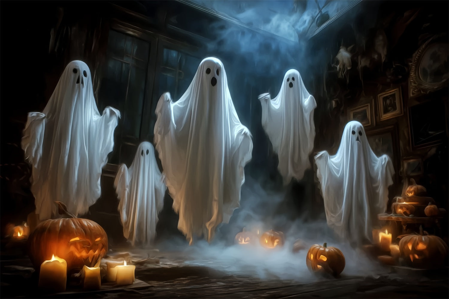 Fond Halloween Photo Fantômes Flottants Bougies Citrouilles Effrayant TWW59-65