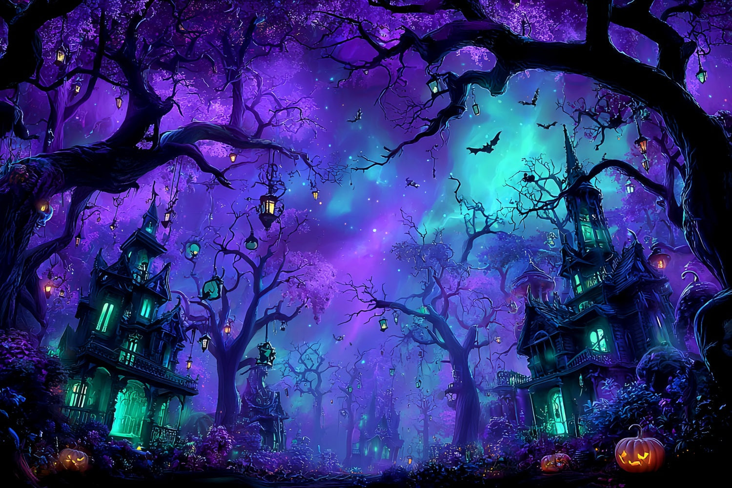 Toile De Fond Photo Halloween Forêt Hantée Enchantée Ciel Violet TWW59-66