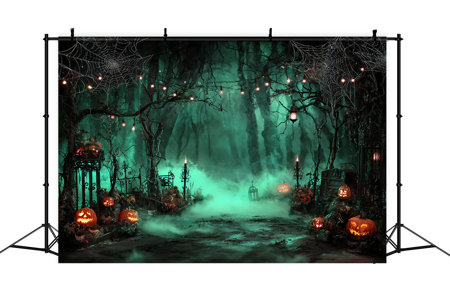 Toile Photo Halloween Cimetière Brumeux Lanternes Citrouilles TWW59-69