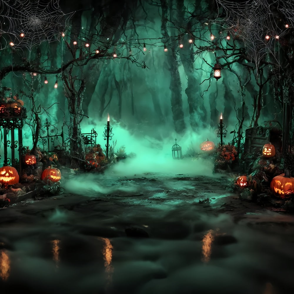 Toile Photo Halloween Cimetière Brumeux Lanternes Citrouilles TWW59-69