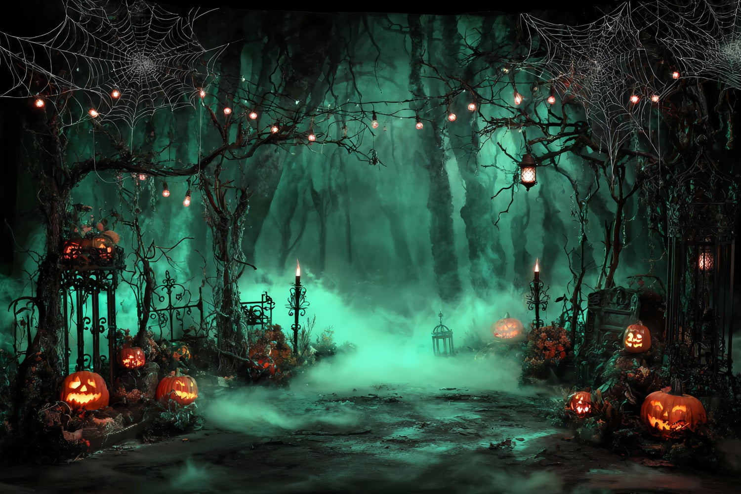 Toile Photo Halloween Cimetière Brumeux Lanternes Citrouilles TWW59-69