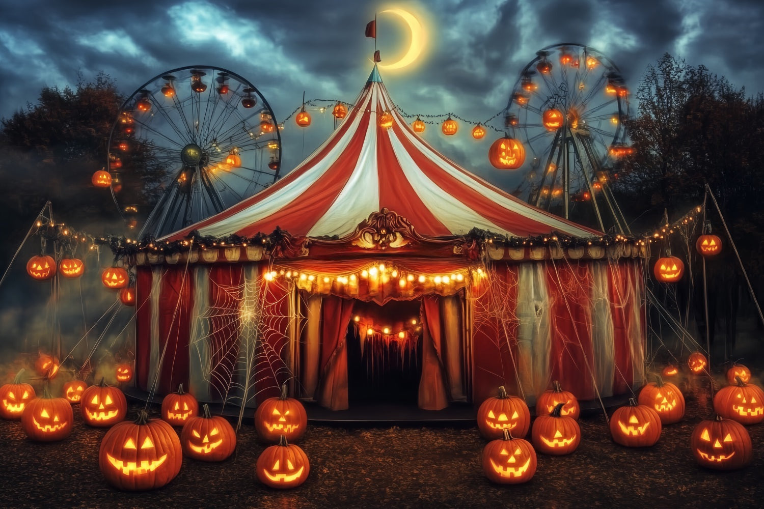 Toile de fond Cirque Halloween Citrouille Lanterne Chapiteau Hanté TWW59-7