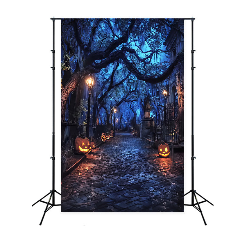 Fond Photo Halloween Forêt Hantée Rue Effrayante Lanternes Citrouilles TWW59-70