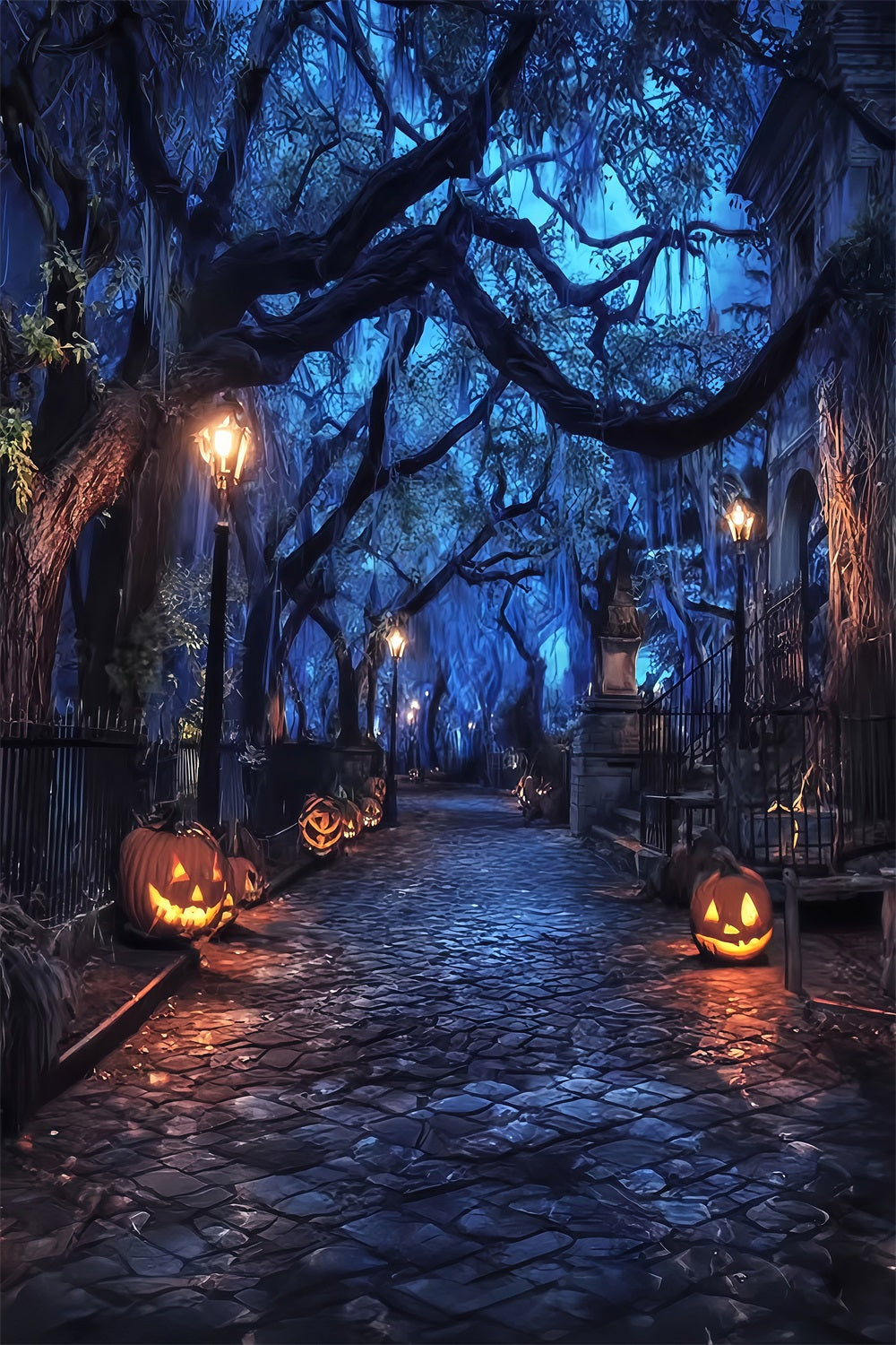 Fond Photo Halloween Forêt Hantée Rue Effrayante Lanternes Citrouilles TWW59-70
