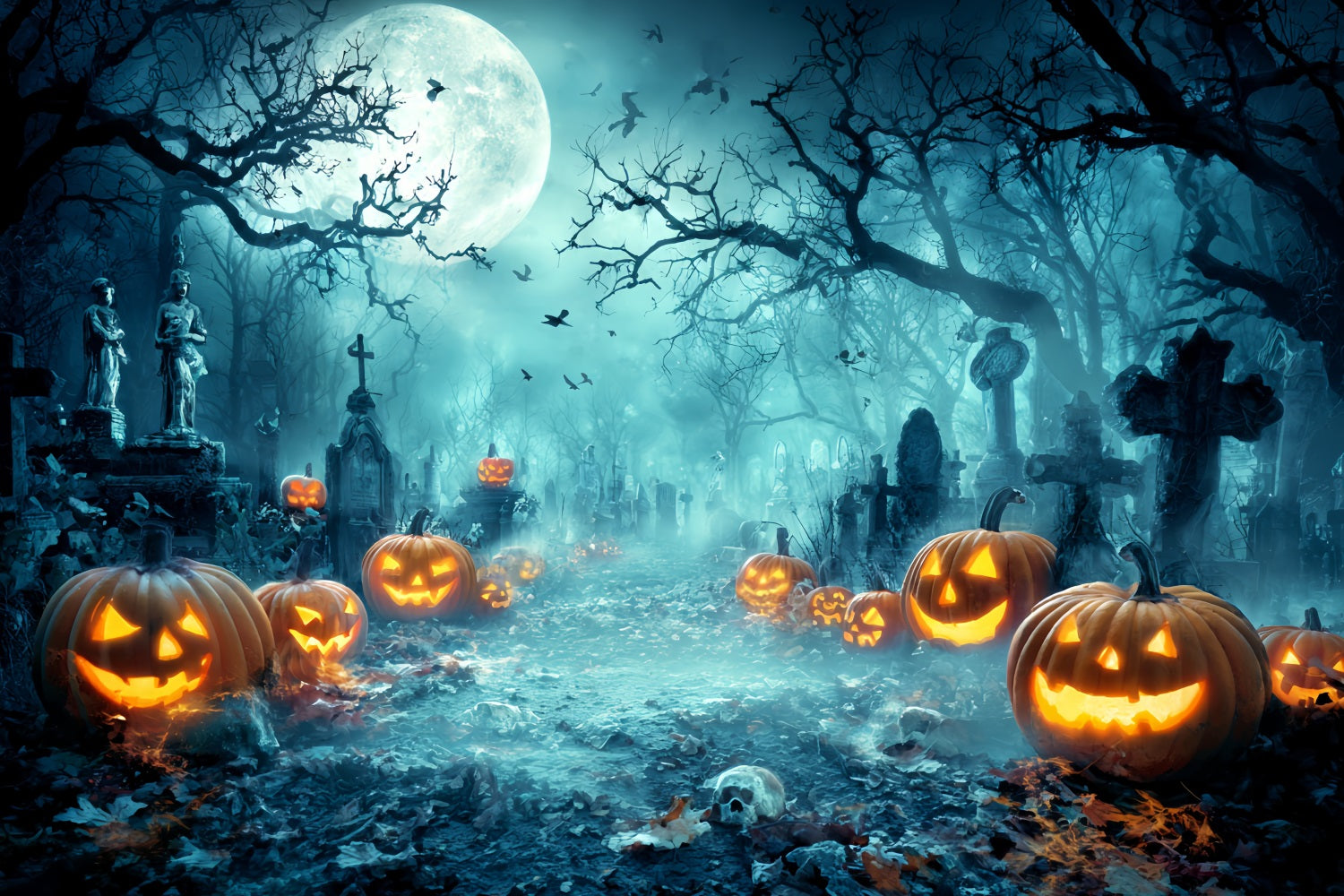 Fond Studio Halloween Cimetière Sinistre Lanternes Citrouilles TWW59-73