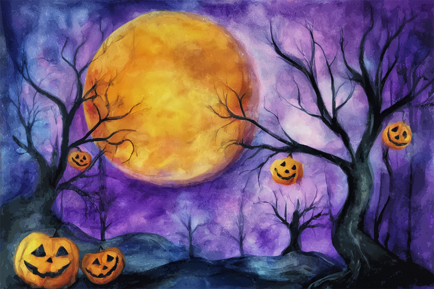 Fond De Photo Halloween Lune Citrouille Ciel Violet Illuminé TWW59-74