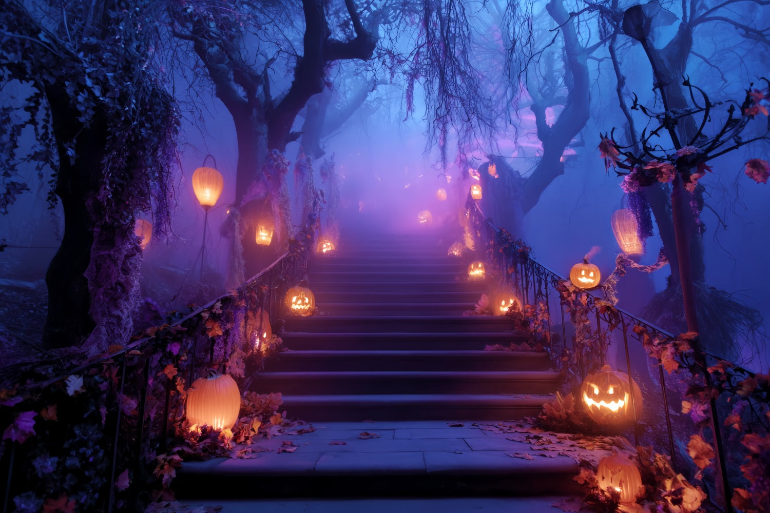 Fond Photo Halloween Escalier Citrouilles Illuminées Chemin Effrayant TWW59-76