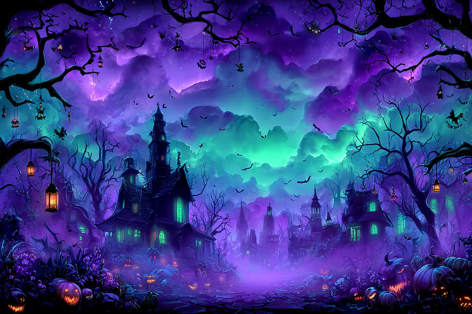 Toile De Fond Halloween Village Hanté Nuit Brumeuse TWW59-77