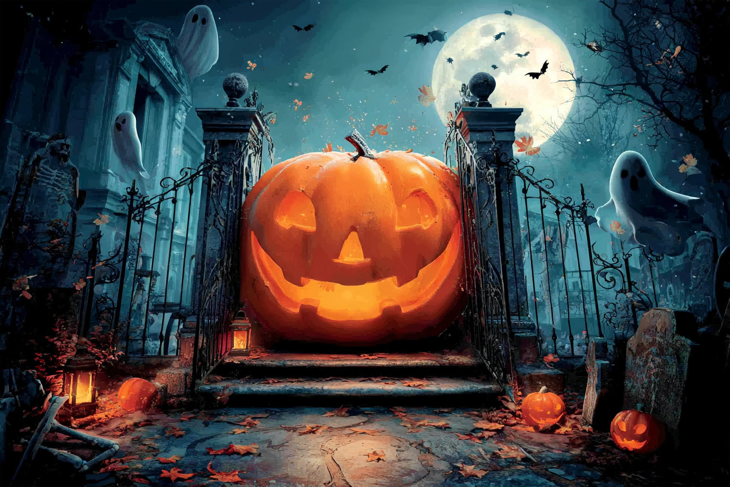 Fond Studio Halloween Citrouille Géante Portail Fantomatique Effrayant TWW59-79