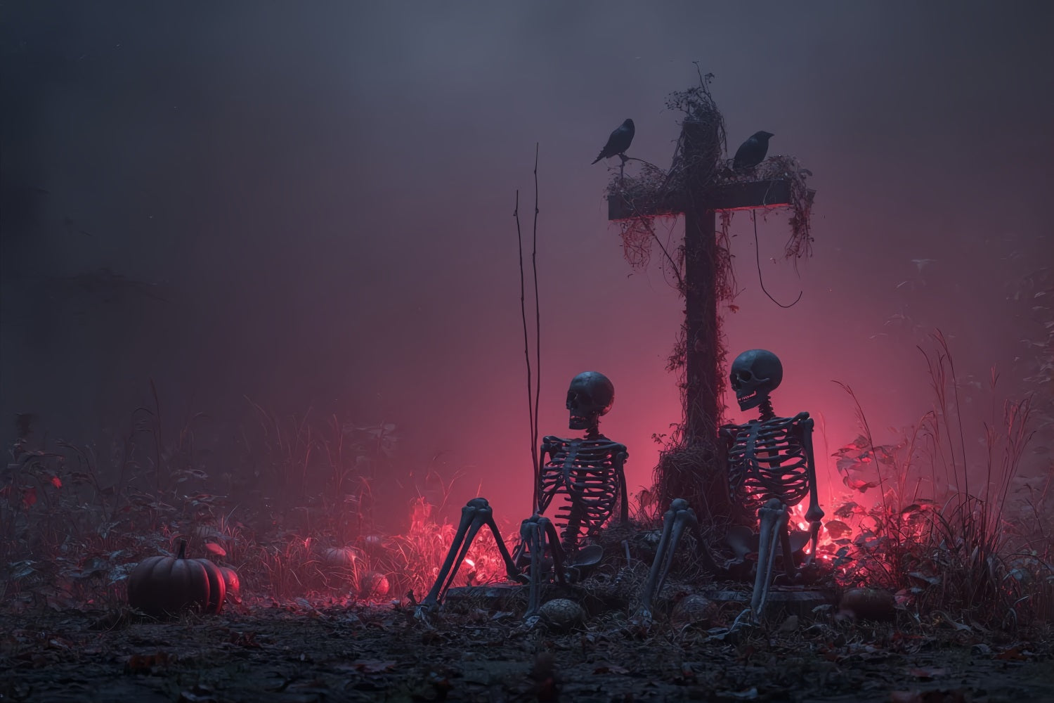 Fond De Photo Halloween Squelettes Croix Brume Rouge Effrayant TWW59-80