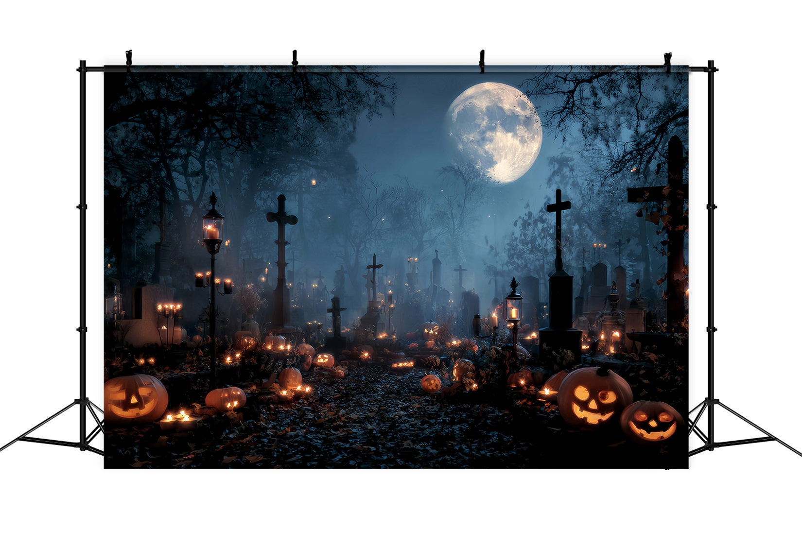 Toile Halloween Cimetière Illuminé Bougies Citrouilles Croix TWW59-84