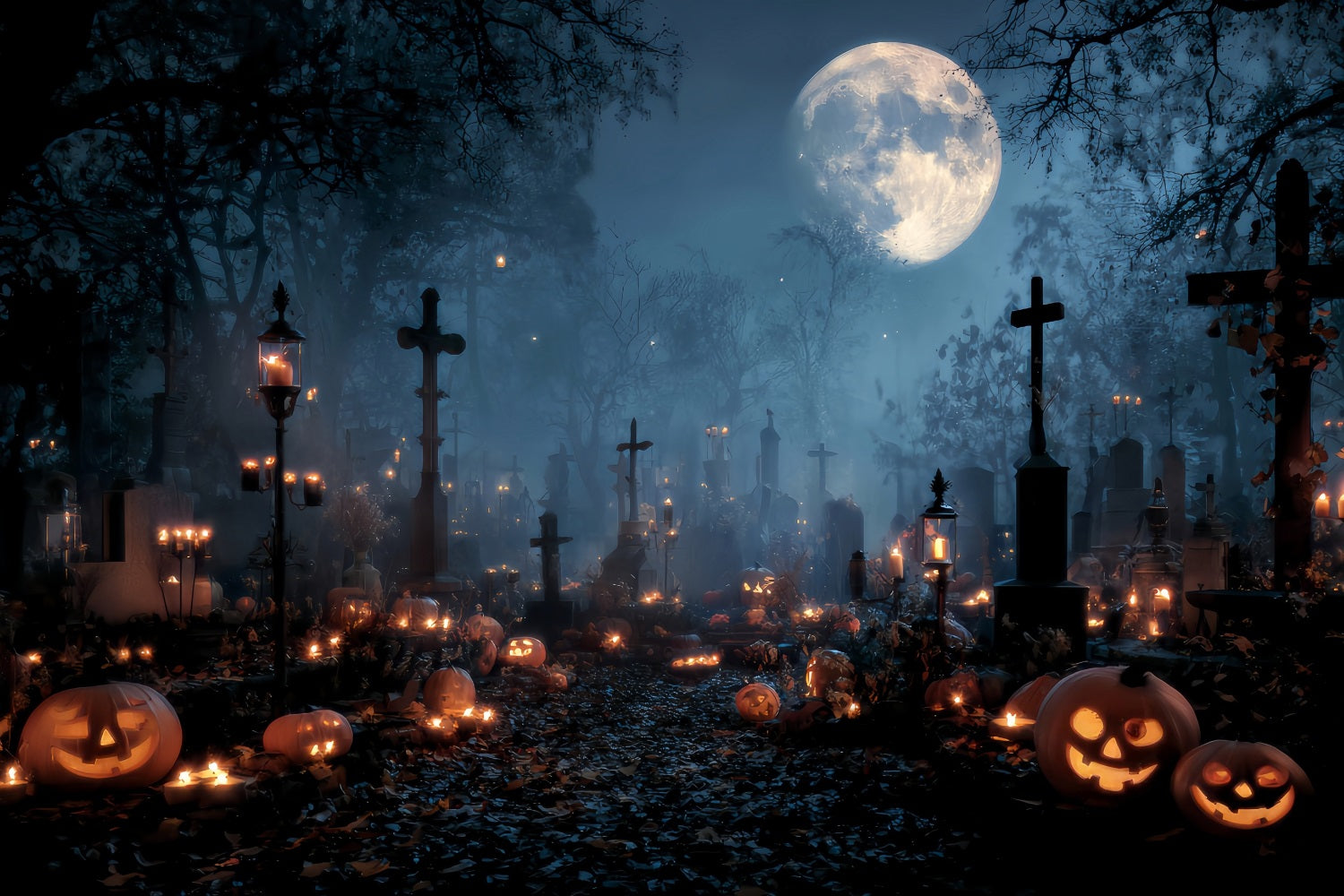 Toile Halloween Cimetière Illuminé Bougies Citrouilles Croix TWW59-84