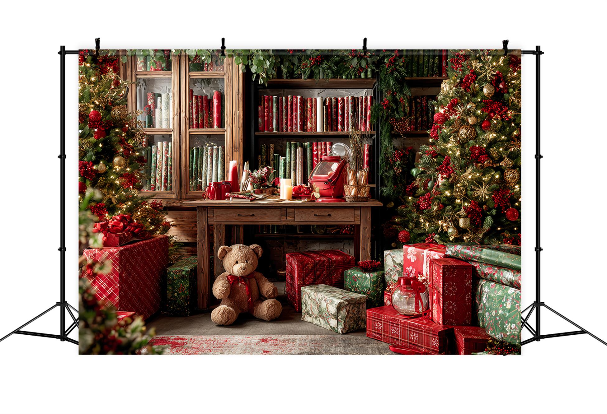 Toile de fond Noël Atelier du Père Noël Bibliothèque Chaleureuse Emballage de Cadeaux TWW59-85