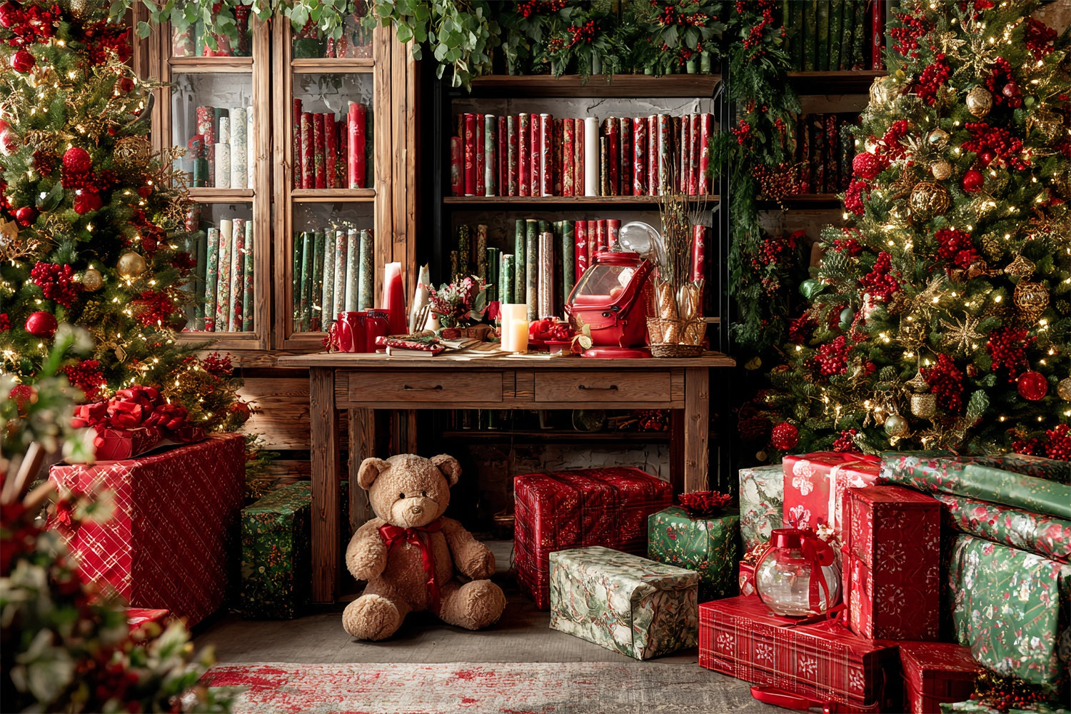 Toile de fond Noël Atelier du Père Noël Bibliothèque Chaleureuse Emballage de Cadeaux TWW59-85