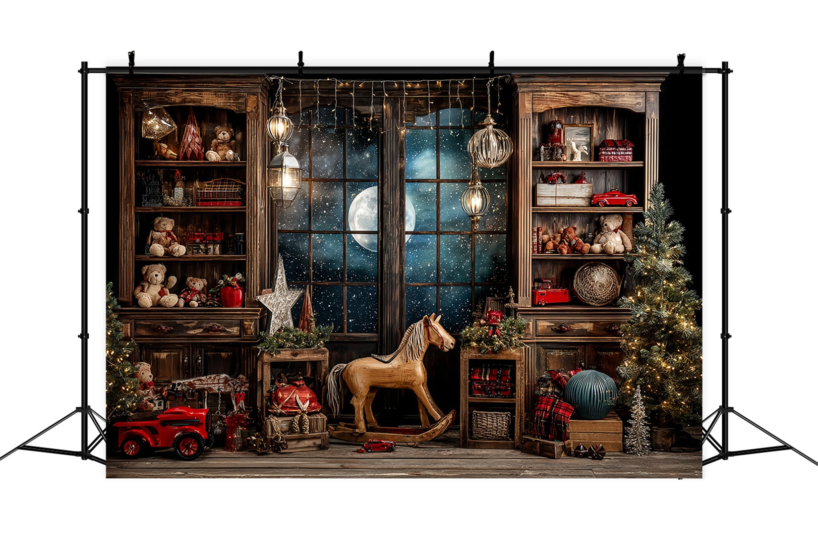 Toile de fond Noël Atelier du Père Noël Nuit Étoilée Fenêtre Salle de Jouets TWW59-86