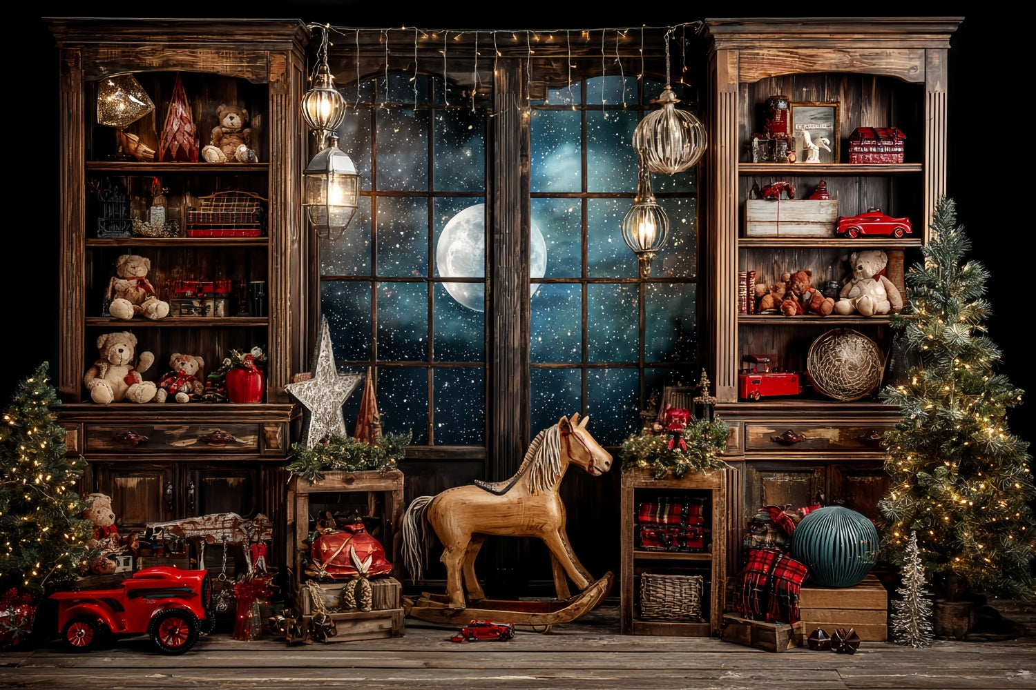 Toile de fond Noël Atelier du Père Noël Nuit Étoilée Fenêtre Salle de Jouets TWW59-86