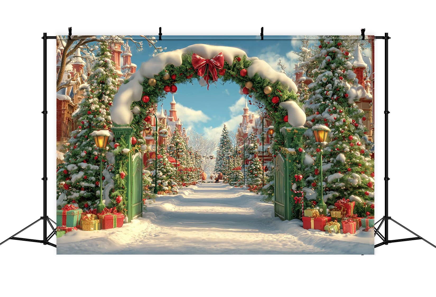 Toile de fond photo Noël Village de Campagne Arche Enneigée TWW59-96