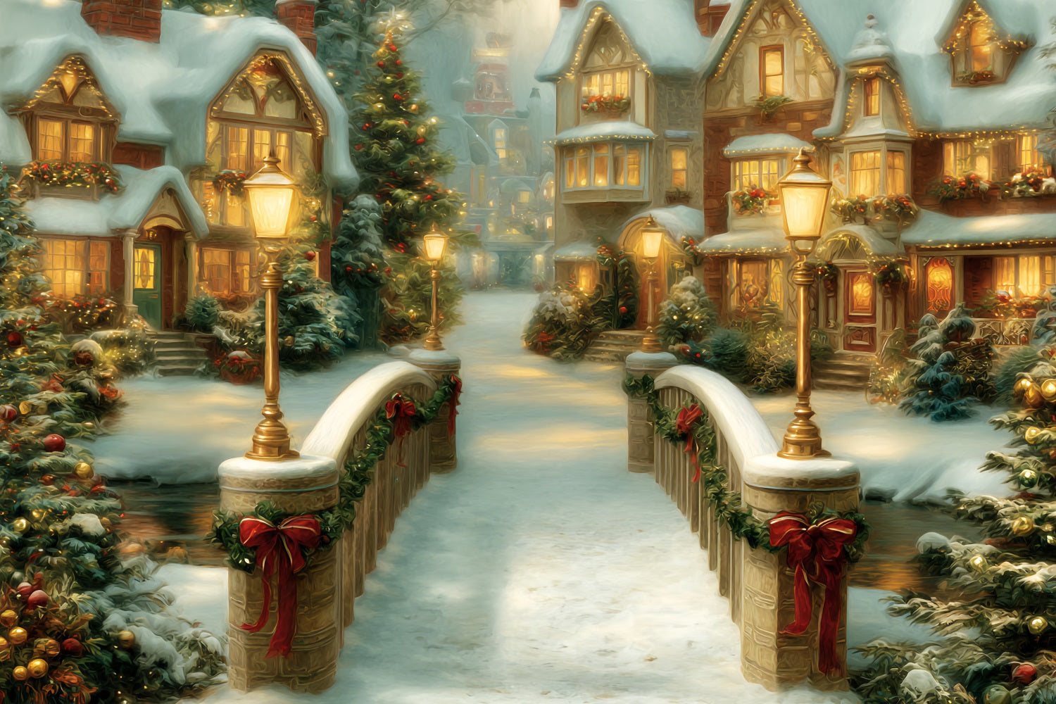 Toile de fond Noël Village Pont Doré Maisons de Fêtes TWW59-99