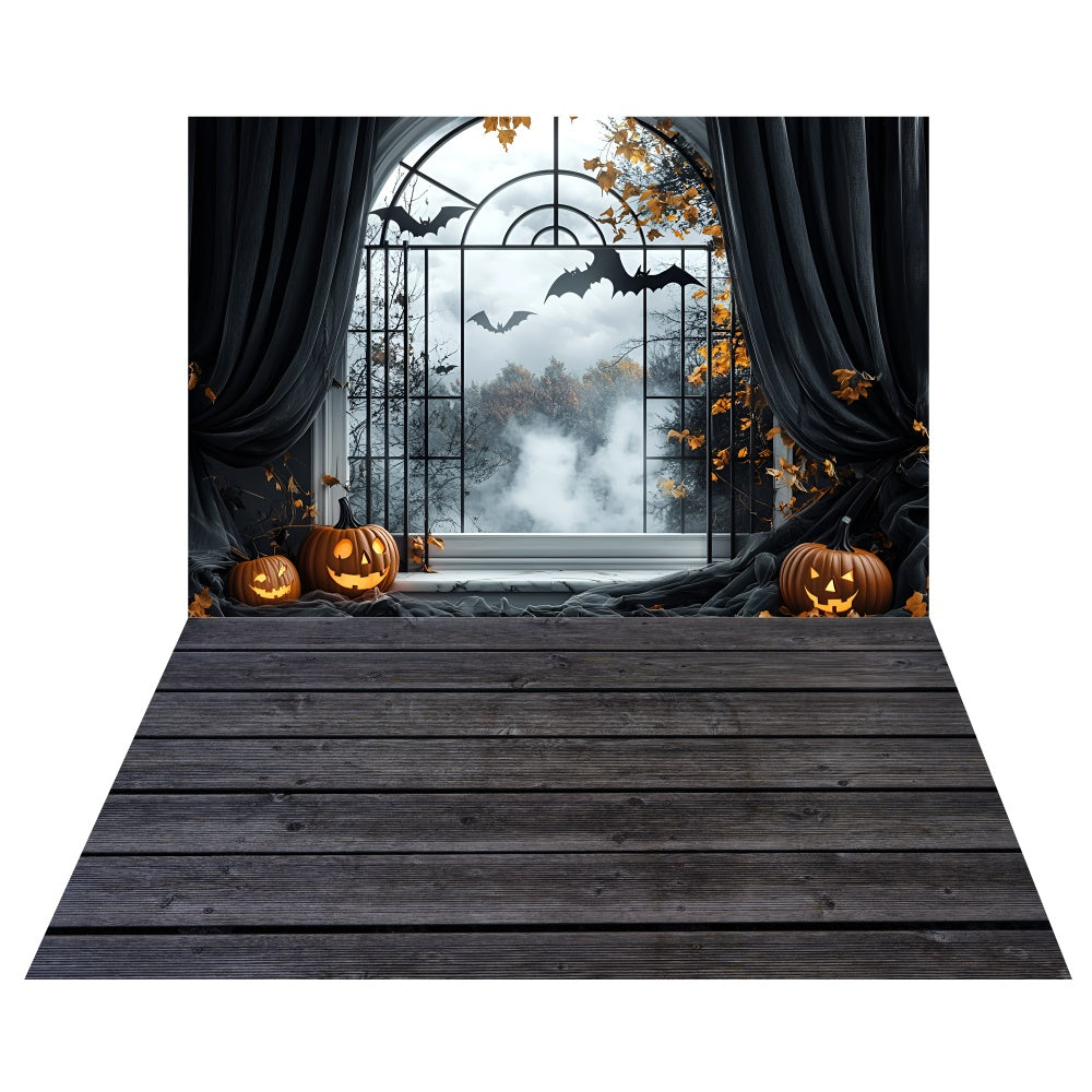 Toile de fond Fenêtre Chauves-Souris Citrouilles + Sol Rustique Foncé TWW6-126