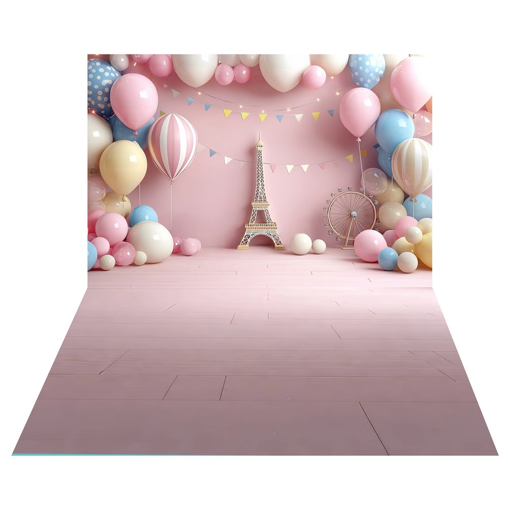 Toile de fond Fantaisie Ballons Tour Eiffel + Sol Bois Rose Tendre TWW6-127