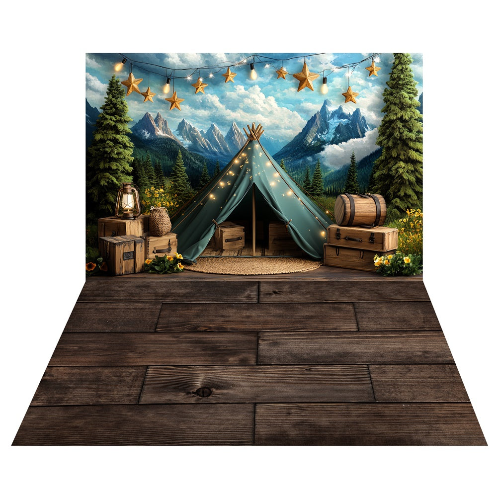 Toile de fond Tente de Campement Montagne + Sol Bois Rustique TWW6-131