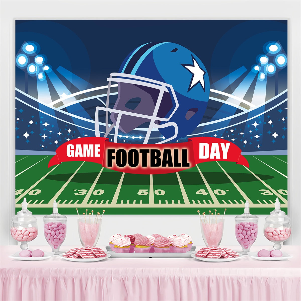 Toile de fond Football Terrain Casque Bleu Lumières Événement TWW6-18