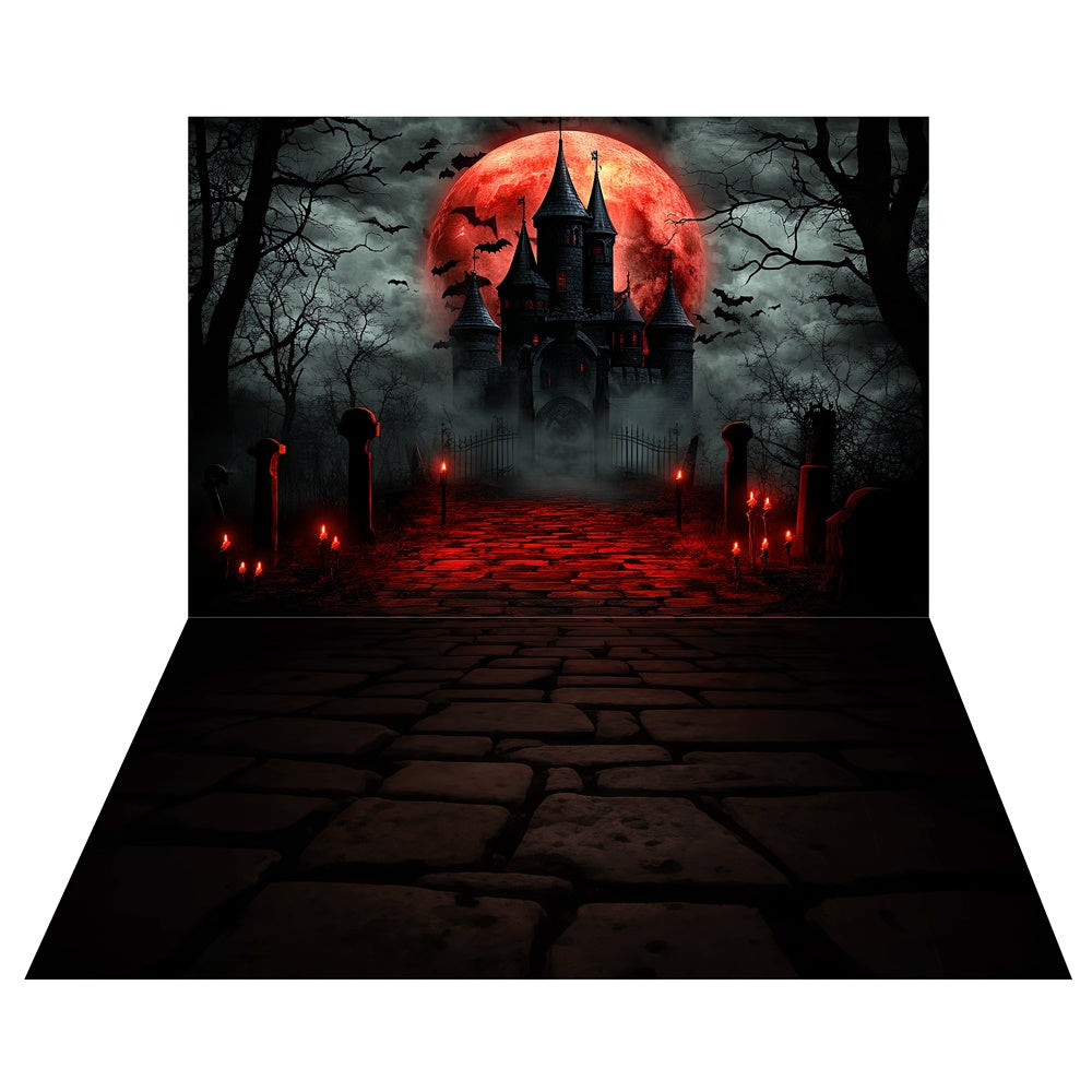 Toile de fond Halloween Château Lune de Sang + Sol Pavé TWW6-51