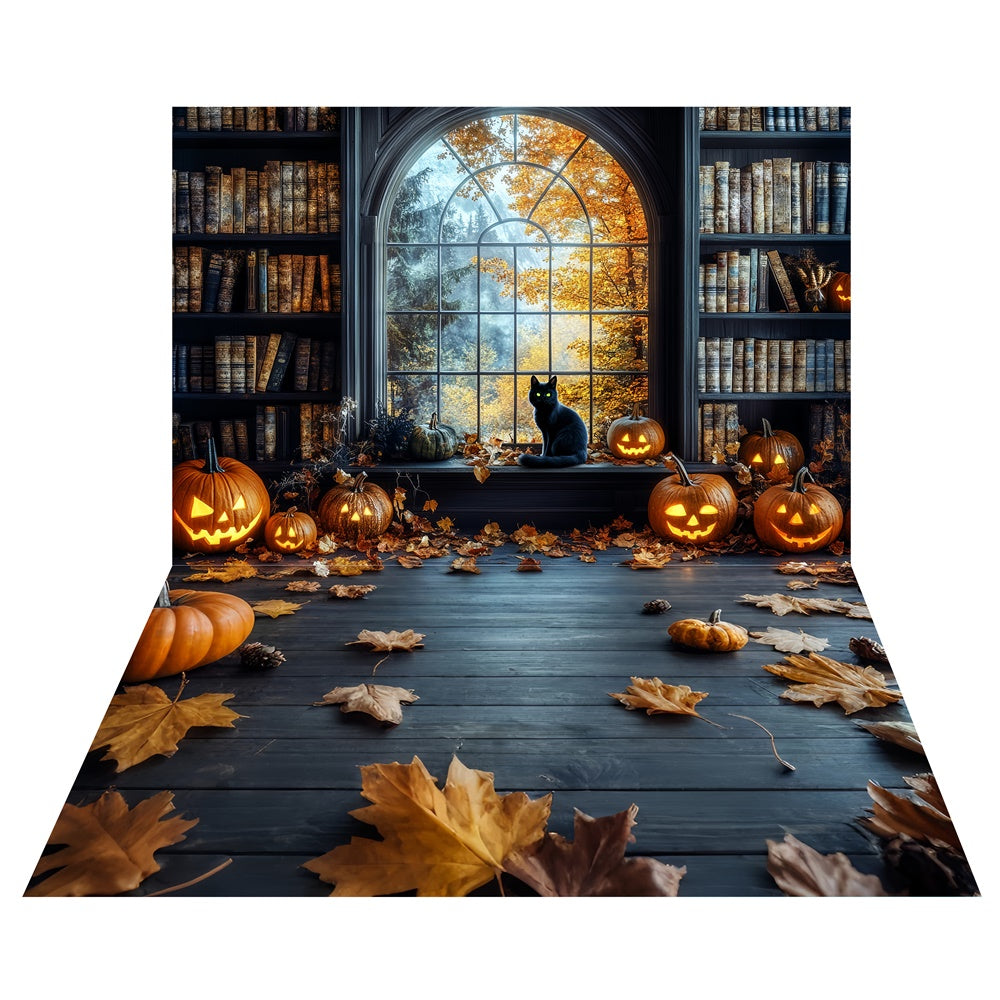 Toile de fond Halloween Fenêtre Bibliothèque Hantée + Sol Feuilles Tombées TWW6-52