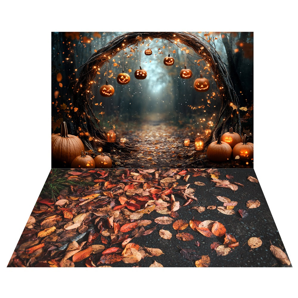 Toile de fond Halloween Forêt Arche Citrouille + Sol Sentier de Feuilles TWW6-53