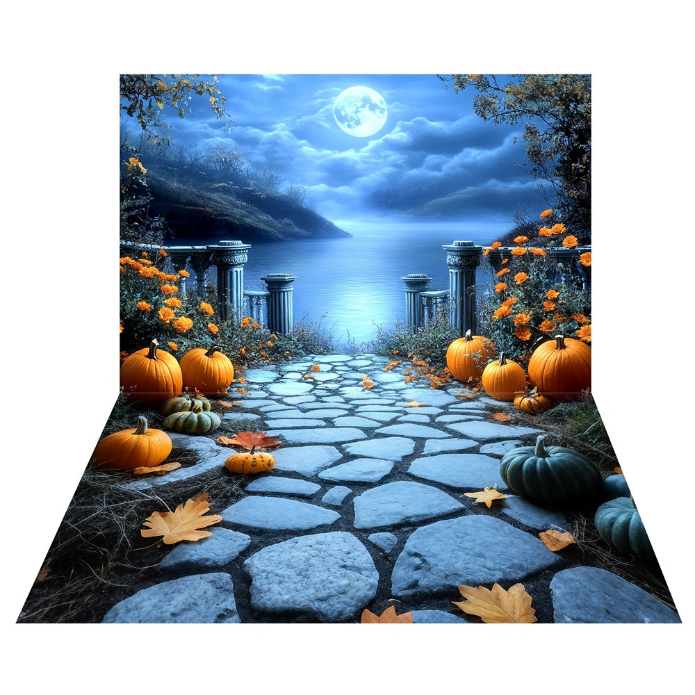 Toile de fond Halloween Ruines au Bord du Lac Hanté + Sol Sentier en Pierre TWW6-54