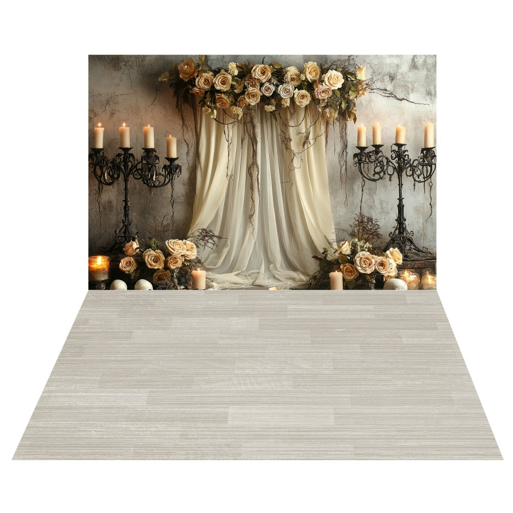 Toile de fond Halloween Rose Gothique aux Bougies + Sol en Bois Pâle TWW6-56
