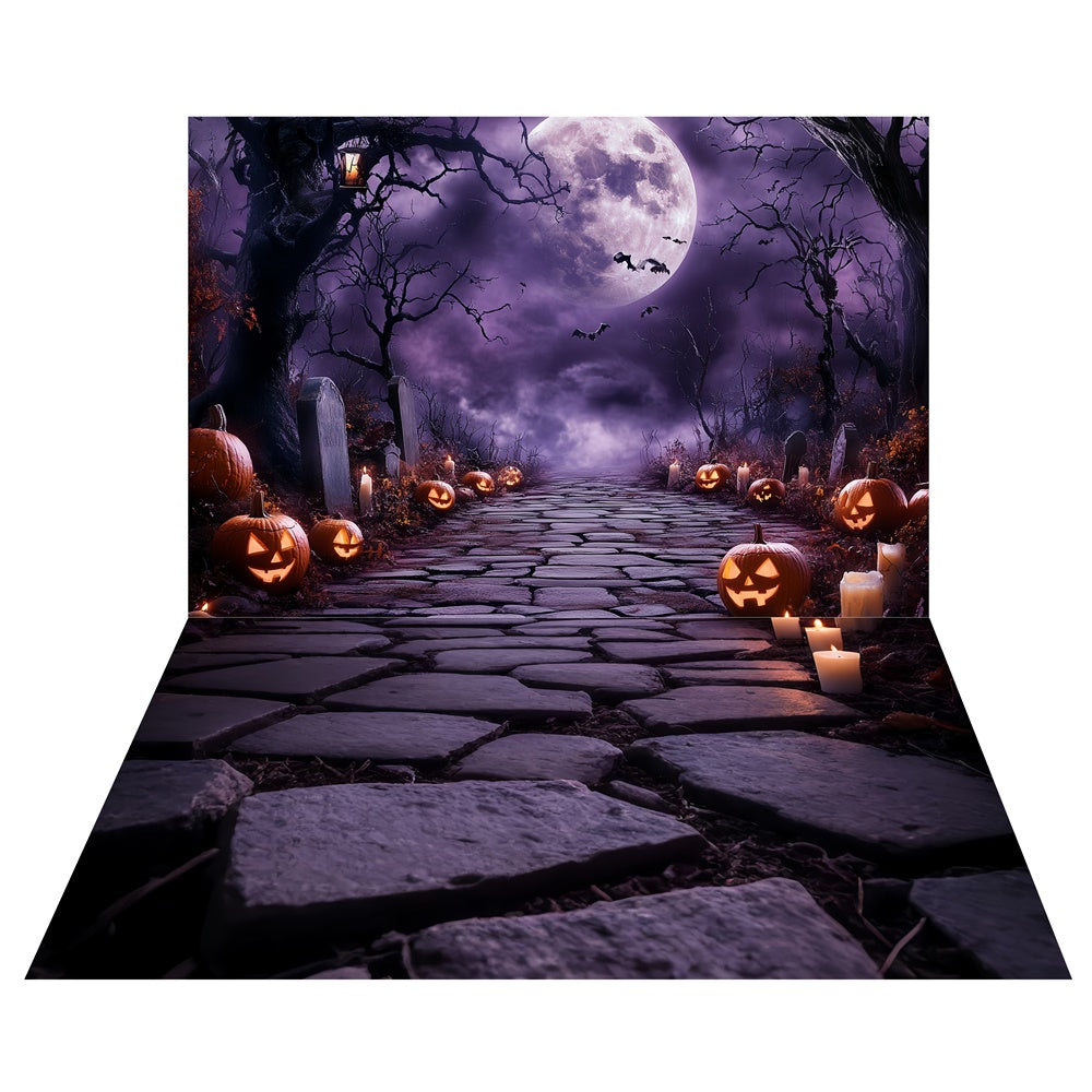 Toile de fond Halloween Cimetière Nuit Violette + Sol Pavés Inégaux TWW6-57