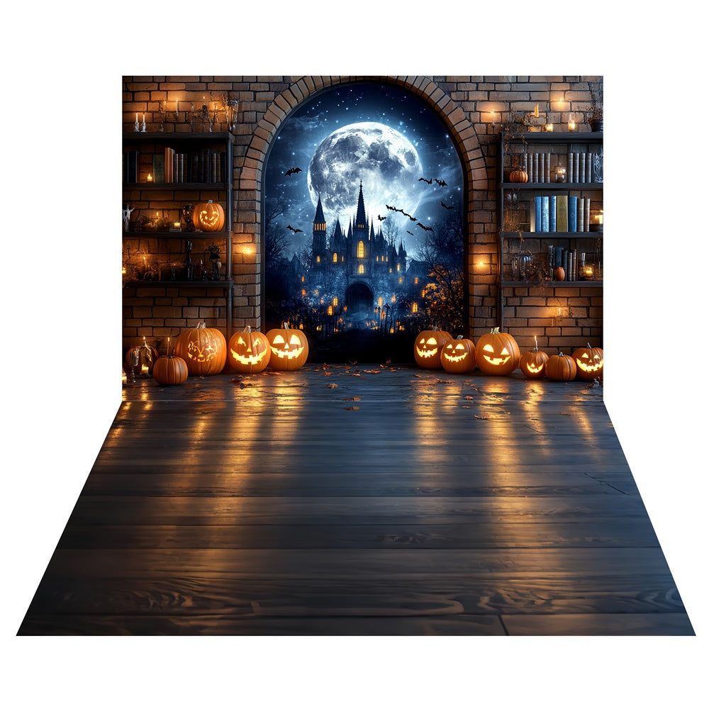 Toile de fond Halloween Coin Lecture Citrouille + Sol Chêne à la Lueur des Bougies TWW6-58