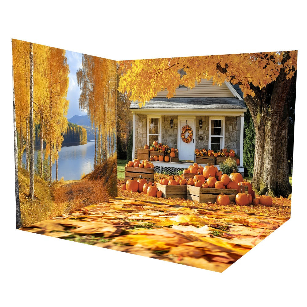 Ensemble de Salle Sentier Rivière Cabane Rustique Feuilles d’Automne TWW6-80