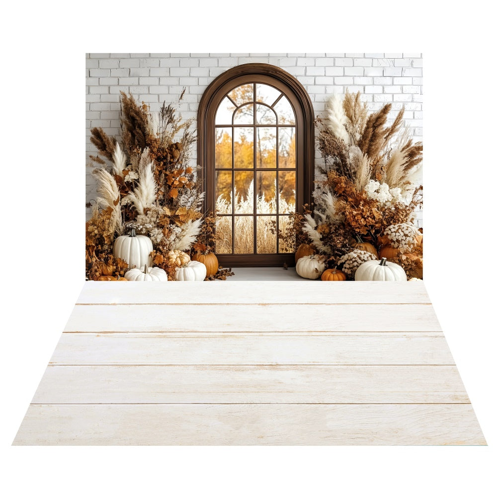 Toile de fond Fenêtre Arche en Briques Blanches + Sol en Bois Crème TWW6-83