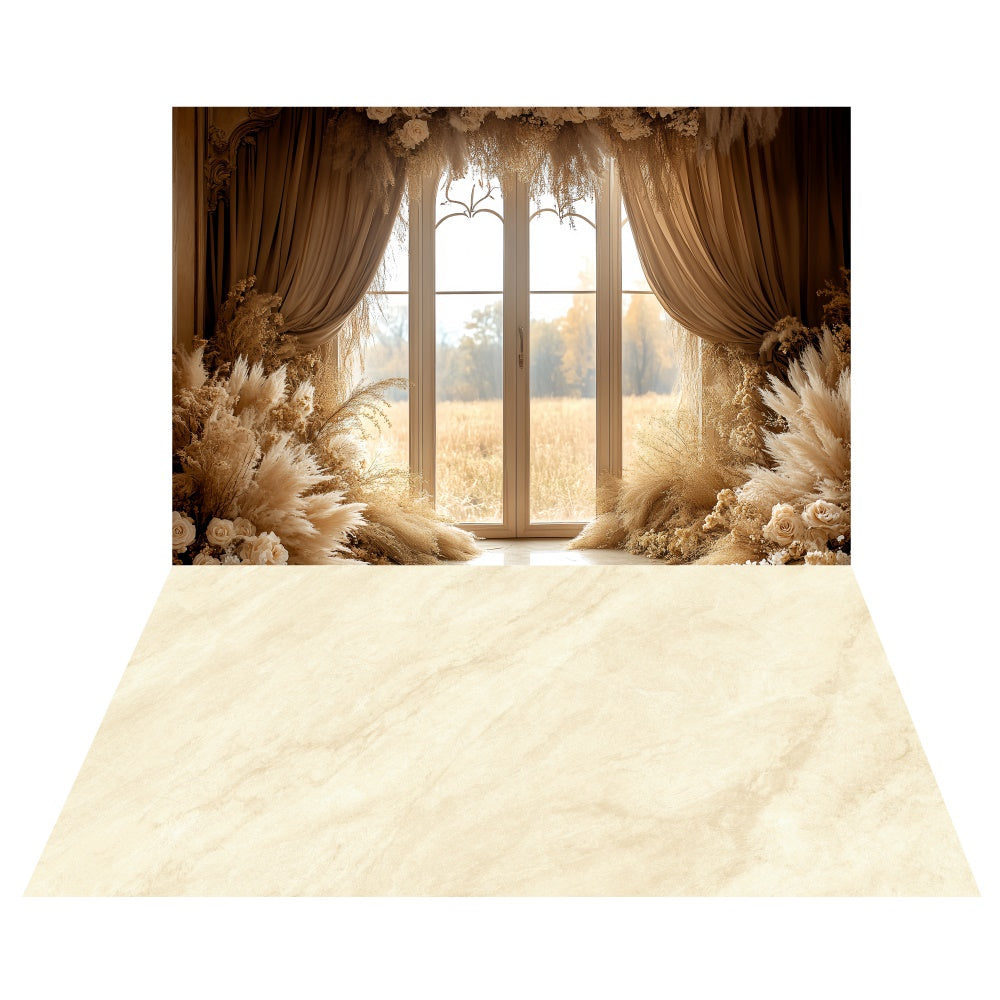 Toile de fond Fenêtre Rideaux Dorés + Sol Beige Doux TWW6-85