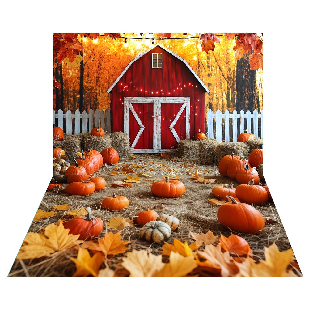 Toile de fond Grange Rouge Récolte + Sol Citrouilles et Paille TWW6-88
