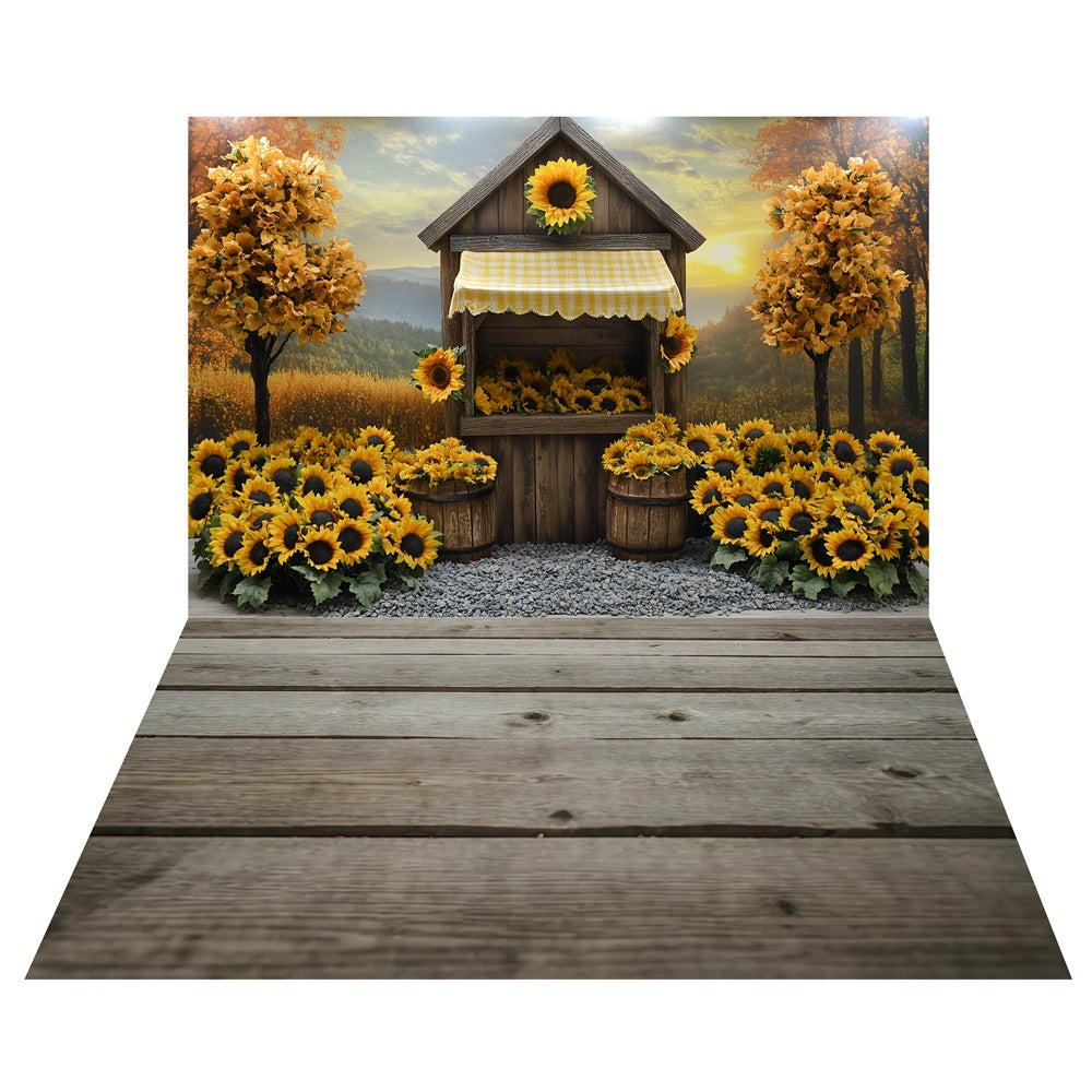 Toile de fond Stand de Marché Tournesols + Sol en Bois Rustique TWW6-89
