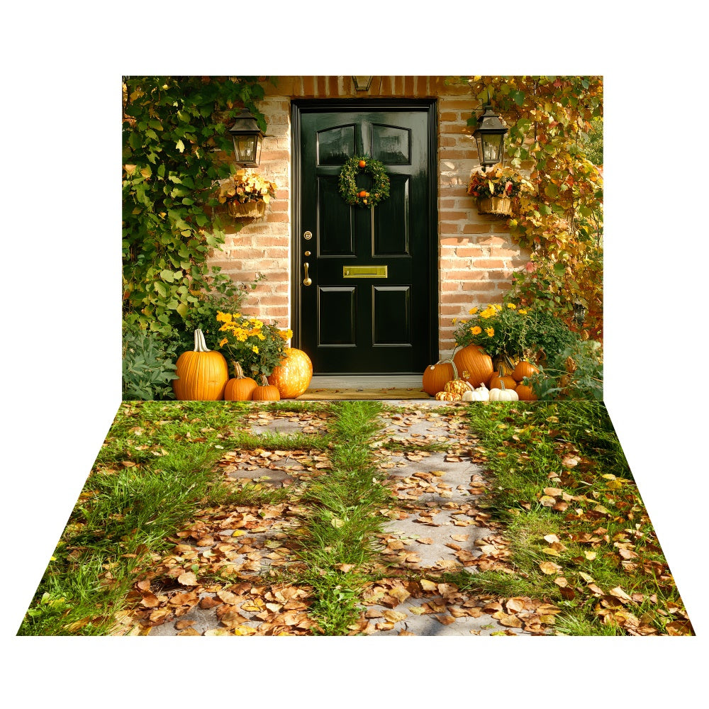 Toile de fond Porche Jardin Automnal + Sol Sentier de Feuilles TWW6-91