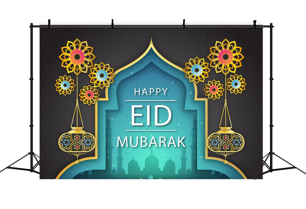 Toile de fond Eid Mubarak Arc Céleste Doré Lanternes XY2-77