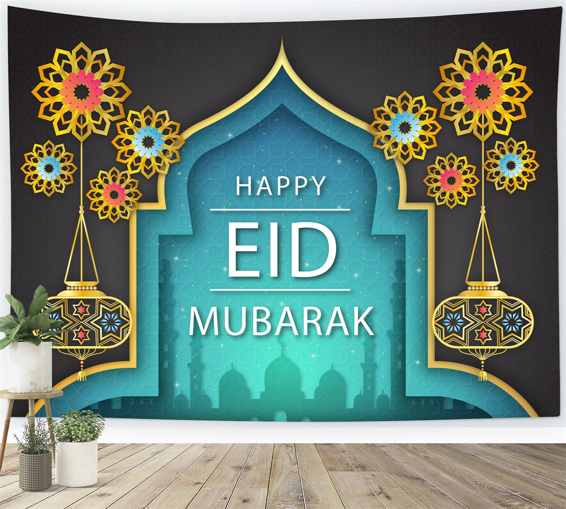 Toile de fond Eid Mubarak Arc Céleste Doré Lanternes XY2-77