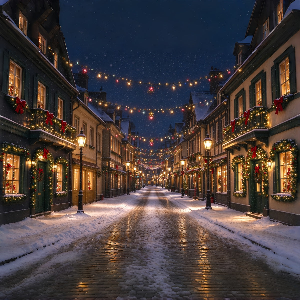 Fond De Village De Noël Rue Enneigée Illuminée ZTT610-14