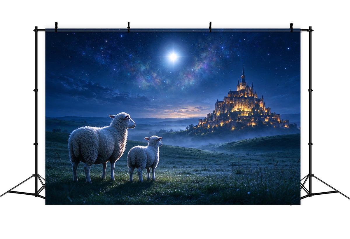 Fond De Crèche De Noël Château Au Clair De Lune Prairie Moutons ZTT610-15