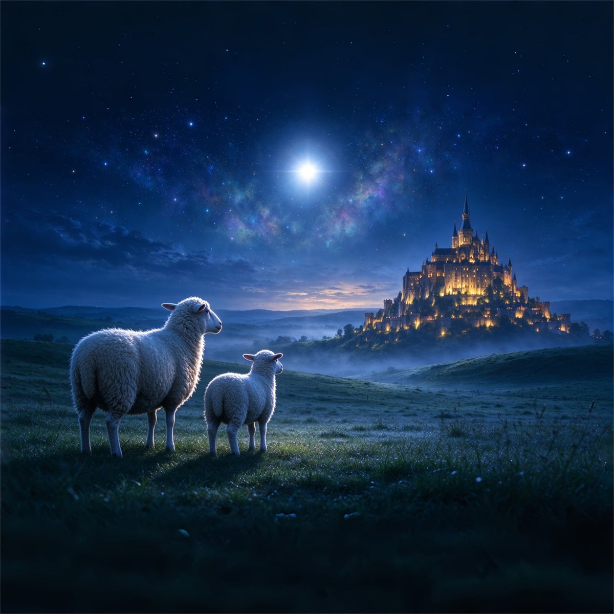 Fond De Crèche De Noël Château Au Clair De Lune Prairie Moutons ZTT610-15