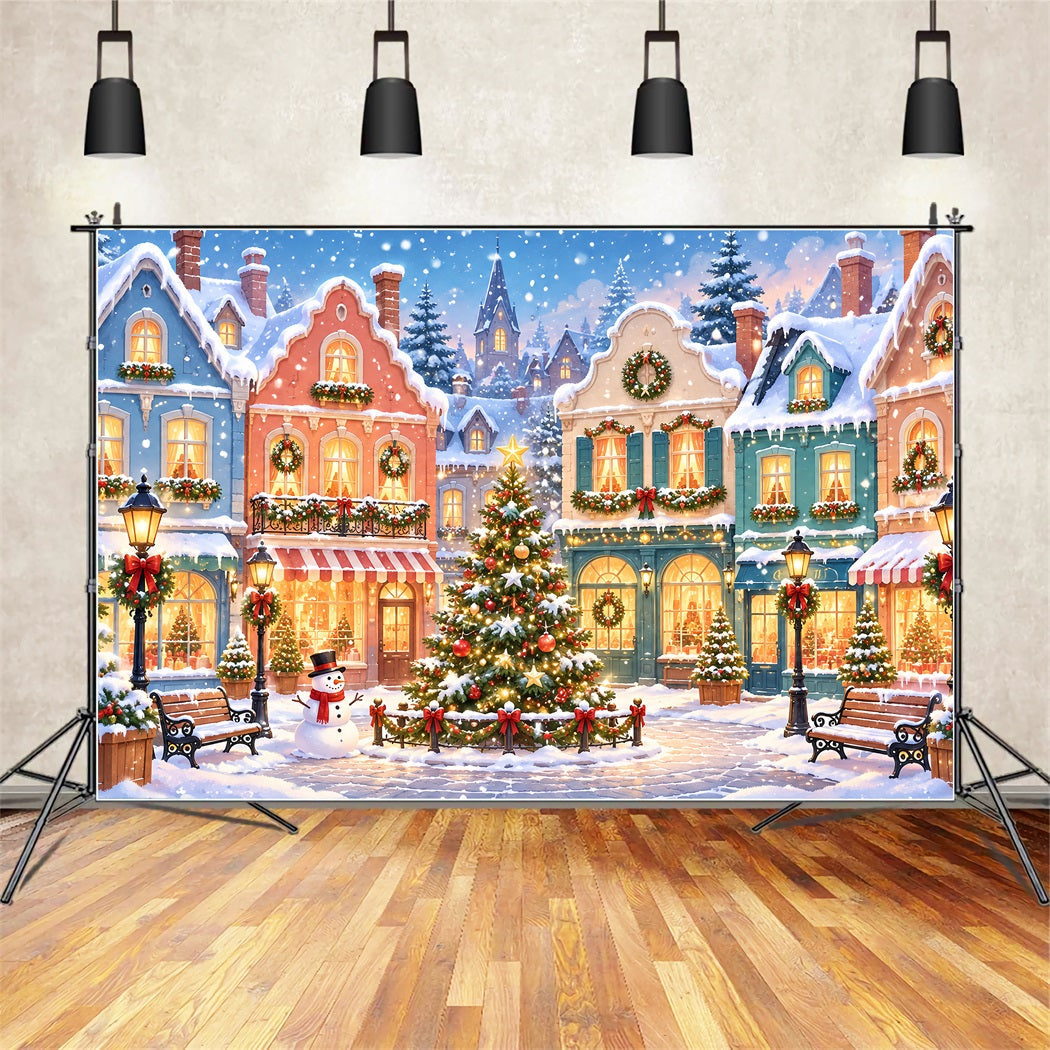 Fond De Village De Noël Place Enneigée Pastel ZTT610-17