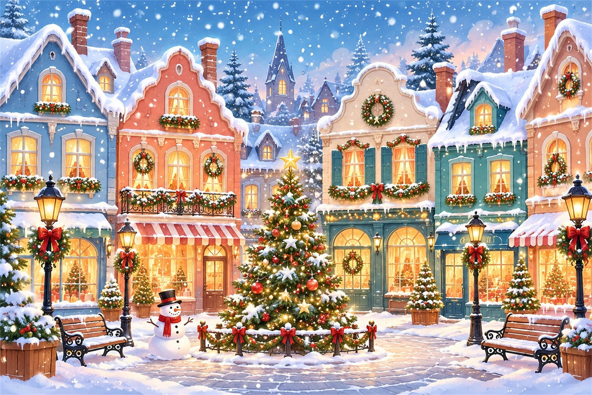 Fond De Village De Noël Place Enneigée Pastel ZTT610-17