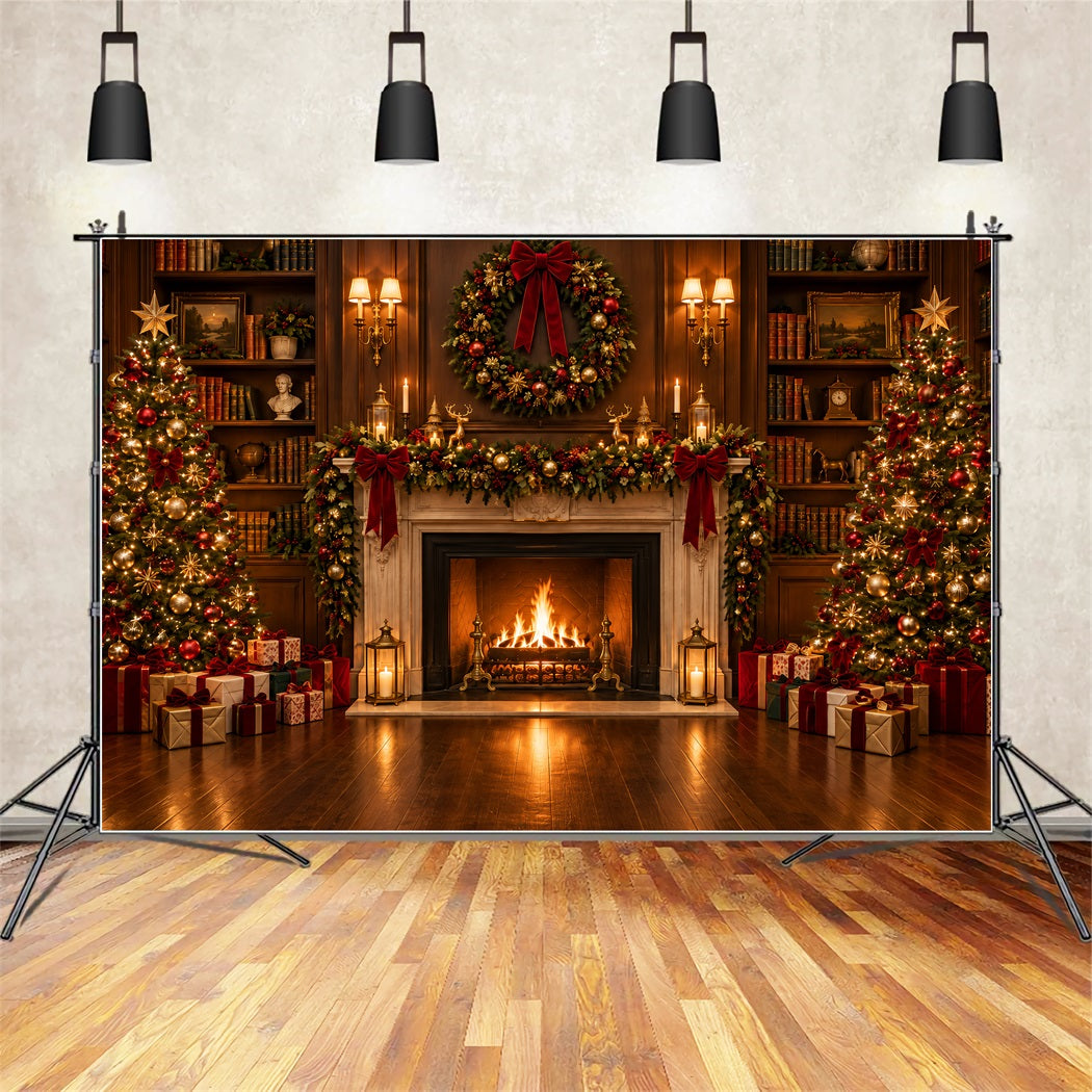 Fond Photo De Noël Grande Bibliothèque Cheminée Ornée ZTT610-21